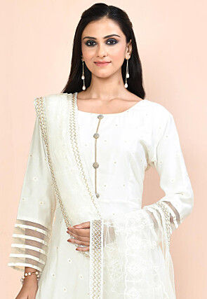Woven Art Silk Jacquard Abaya Style Suit in White