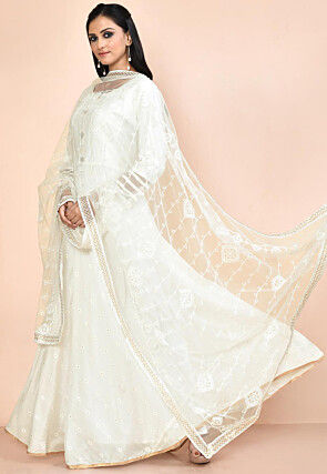 Woven Art Silk Jacquard Abaya Style Suit in White