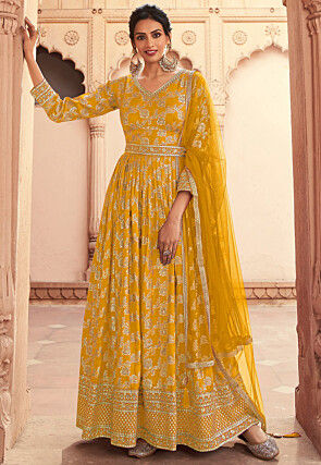 Woven Art Silk Jacquard Abaya Style Suit in Yellow