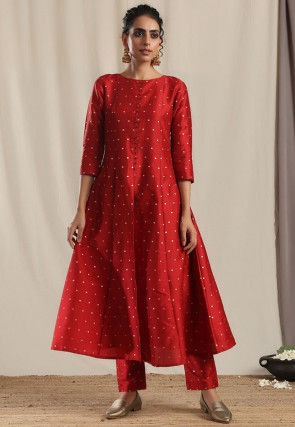 Woven Art Silk Jacquard Anarkali Kurta Set in Red