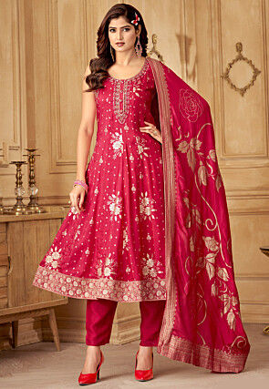 Woven Art Silk Jacquard Anarkali Suit in Fuchsia