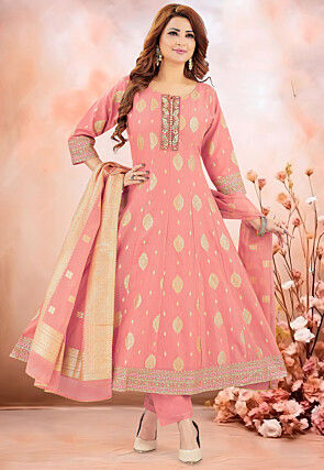 Woven Art Silk Jacquard Anarkali Suit in Peach