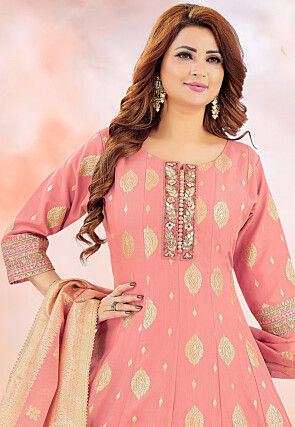 Woven Art Silk Jacquard Anarkali Suit in Peach