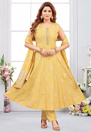 Woven Art Silk Jacquard Anarkali Suit in Yellow