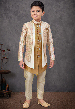 Woven Art Silk Jacquard and Art Silk Sherwani in Beige