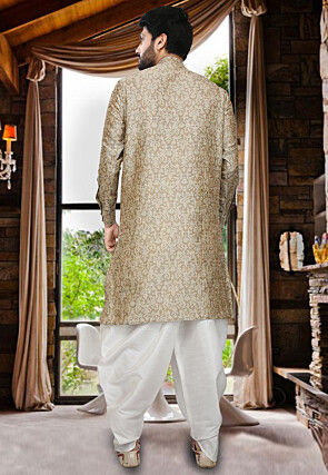 Woven Art Silk Jacquard Asymmetric Dhoti Kurta in Beige