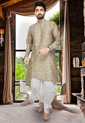 Woven Art Silk Jacquard Asymmetric Dhoti Kurta in Beige