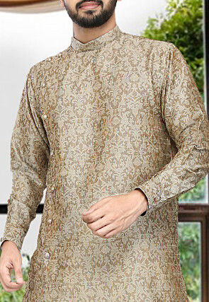 Woven Art Silk Jacquard Asymmetric Dhoti Kurta in Beige