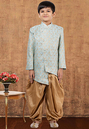 Woven Art Silk Jacquard Asymmetric Dhoti Kurta in Sky Blue