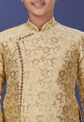Woven Art Silk Jacquard Asymmetric Dhoti Sherwani in Beige
