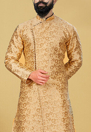 Woven Art Silk Jacquard Asymmetric Dhoti Sherwani in Beige