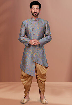 Woven Art Silk Jacquard Asymmetric Dhoti Sherwani in Grey