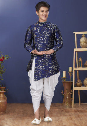 Woven Art Silk Jacquard Asymmetric Dhoti Sherwani in Navy Blue