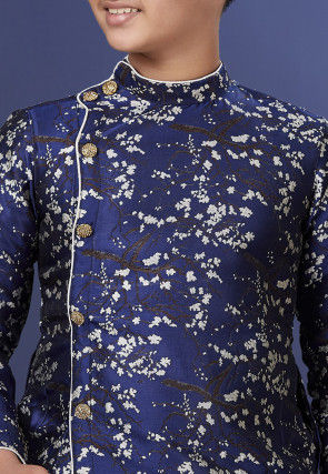 Woven Art Silk Jacquard Asymmetric Dhoti Sherwani in Navy Blue