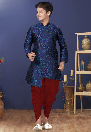 Woven Art Silk Jacquard Asymmetric Dhoti Sherwani in Navy Blue