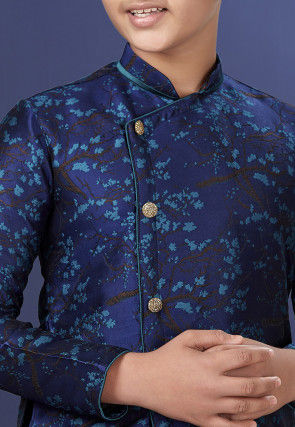 Woven Art Silk Jacquard Asymmetric Dhoti Sherwani in Navy Blue