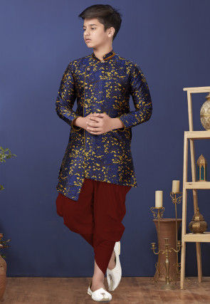 Woven Art Silk Jacquard Asymmetric Dhoti Sherwani in Navy Blue