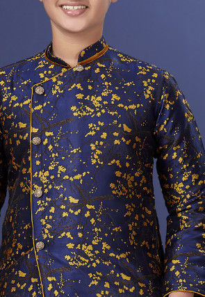 Woven Art Silk Jacquard Asymmetric Dhoti Sherwani in Navy Blue