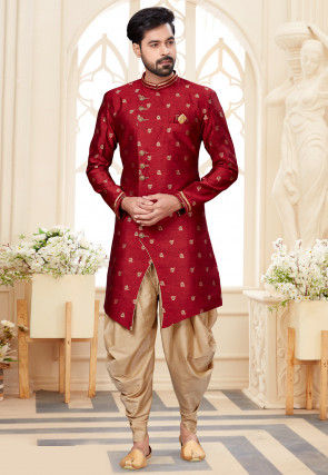 Woven Art Silk Jacquard Asymmetric Dhoti Sherwani in Red