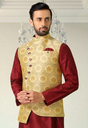 Woven Art Silk Jacquard Asymmetric Jacket in Beige
