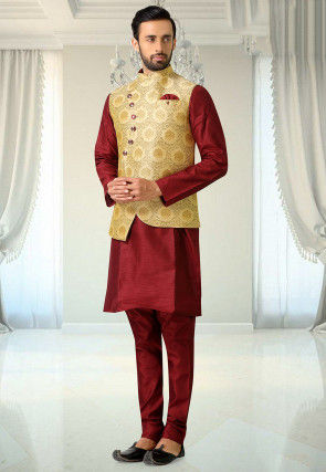 Woven Art Silk Jacquard Asymmetric Jacket in Beige