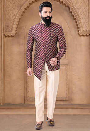 Woven Art Silk Jacquard Asymmetric Jodhpuri Suit in Maroon