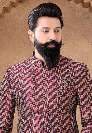 Woven Art Silk Jacquard Asymmetric Jodhpuri Suit in Maroon