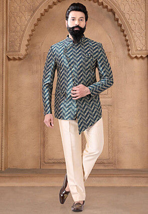 Woven Art Silk Jacquard Asymmetric Jodhpuri Suit in Teal Blue