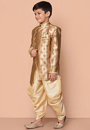 Woven Art Silk Jacquard Asymmetric Kurta Dhoti in Beige
