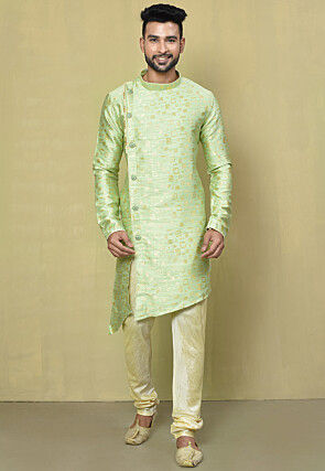 Woven Art Silk Jacquard Asymmetric Kurta Set in Light Green