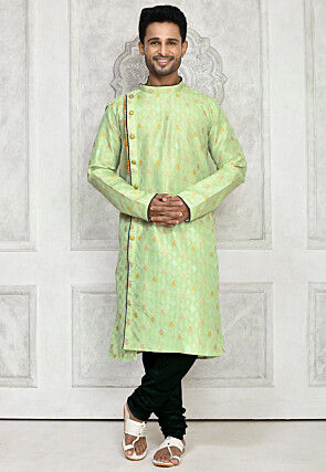 Woven Art Silk Jacquard Asymmetric Kurta Set in Light Green