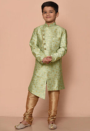 Woven Art Silk Jacquard Asymmetric Kurta Set in Light Green