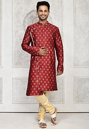 Woven Art Silk Jacquard Asymmetric Kurta Set in Maroon
