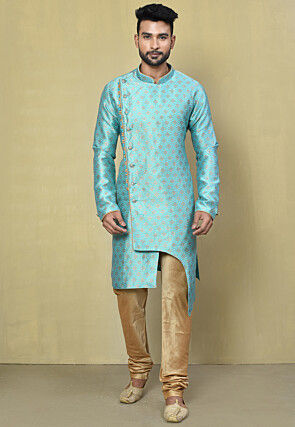 Woven Art Silk Jacquard Asymmetric Kurta Set in Sky Blue