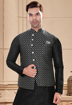 Woven Art Silk Jacquard Asymmetric Nehru Jacket in Black