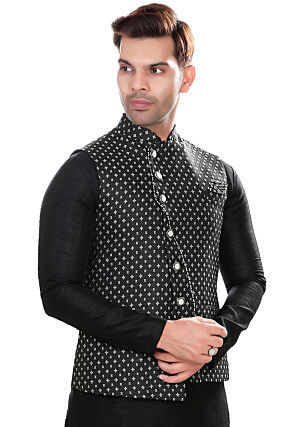 Woven Art Silk Jacquard Asymmetric Nehru Jacket in Black