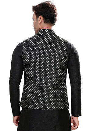 Woven Art Silk Jacquard Asymmetric Nehru Jacket in Black