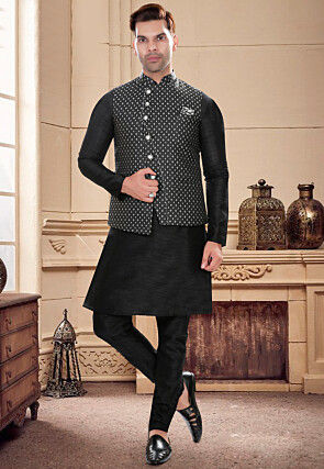 Woven Art Silk Jacquard Asymmetric Nehru Jacket in Black