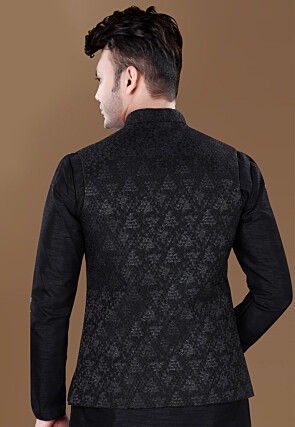 Woven Art Silk Jacquard Asymmetric Nehru Jacket in Black