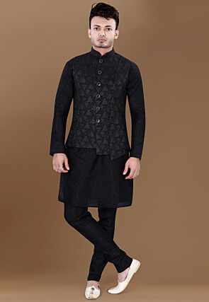 Woven Art Silk Jacquard Asymmetric Nehru Jacket in Black