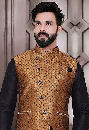 Woven Art SIlk Jacquard Asymmetric Nehru Jacket in Golden