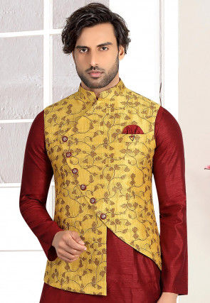 Woven Art Silk Jacquard Asymmetric Nehru Jacket in Mustard