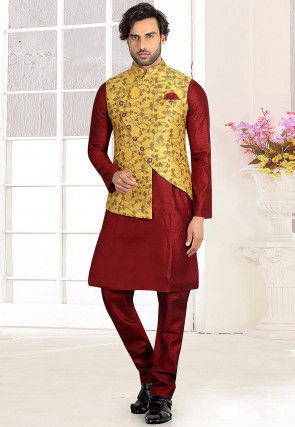 Woven Art Silk Jacquard Asymmetric Nehru Jacket in Mustard