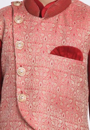 Woven Art Silk Jacquard Asymmetric Nehru Jacket in Pink