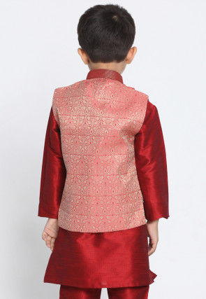 Woven Art Silk Jacquard Asymmetric Nehru Jacket in Pink
