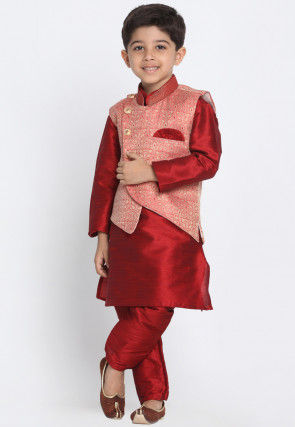Woven Art Silk Jacquard Asymmetric Nehru Jacket in Pink