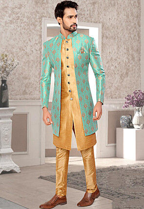 Woven Art Silk Jacquard Asymmetric Sherwani in Beige and Sky Blue