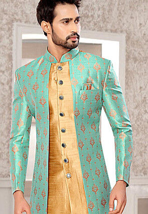 Woven Art Silk Jacquard Asymmetric Sherwani in Beige and Sky Blue