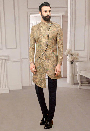Woven Art Silk Jacquard Asymmetric Sherwani in Beige
