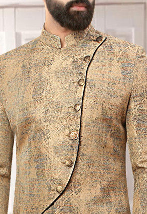 Woven Art Silk Jacquard Asymmetric Sherwani in Beige